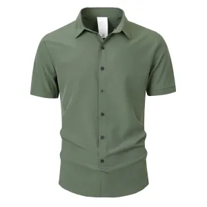 Men Fashion Casual Summer Solid Color Short Sleeve Lapel Cardigan Shirt No Pockets