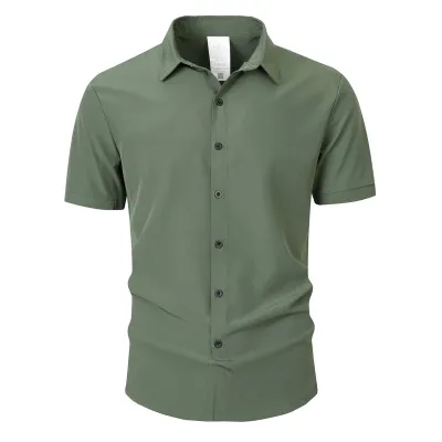 Men Fashion Casual Summer Solid Color Short Sleeve Lapel Cardigan Shirt No Pockets