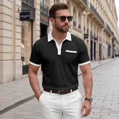 Men Fashion Casual Summer Waffle Stitching Button Short-Sleeve Polo Shirt