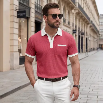 Men Fashion Casual Summer Waffle Stitching Button Short-Sleeve Polo Shirt