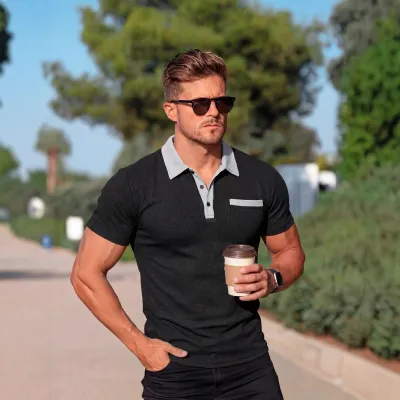 Men's Fashion Casual Summer Waffle Color Block Short Sleeve Loose Polo Shirt
