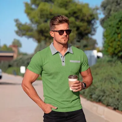 Men's Fashion Casual Summer Waffle Color Block Short Sleeve Loose Polo Shirt