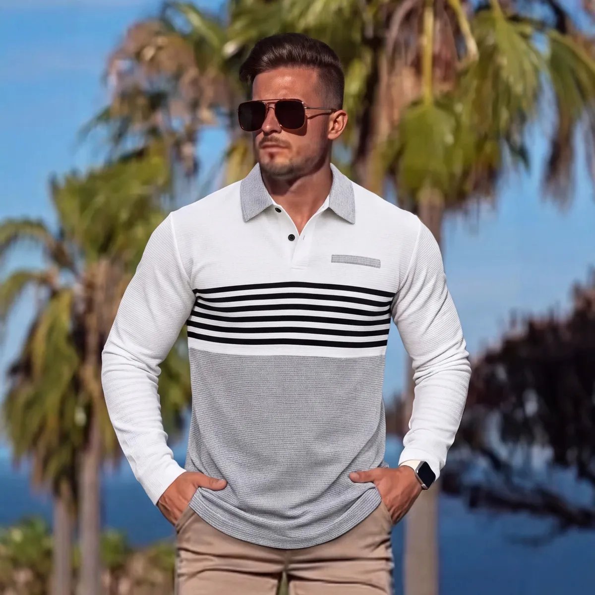 Men's Fashion Casual Contrast Stripe Loose Button Lapel Long Sleeve Polo Shirt