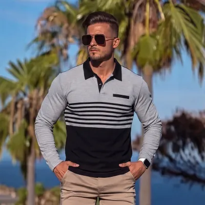 Men's Fashion Casual Contrast Stripe Loose Button Lapel Long Sleeve Polo Shirt
