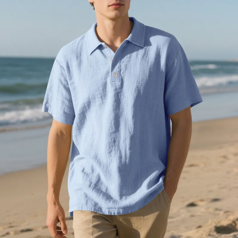 Men'S Summer Casual Linen Lapel Short-Sleeve Shirt