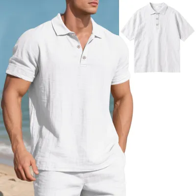 Men's Fashion Casual Summer Solid Color Linen Loose Breathable Short Sleeve Shirt