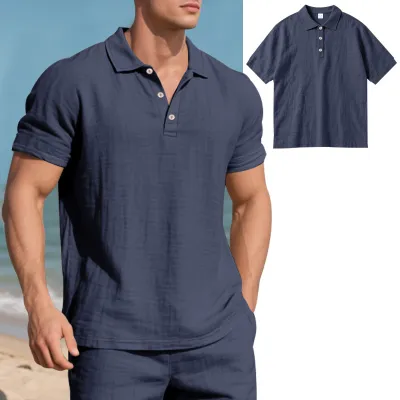 Men's Fashion Casual Summer Solid Color Linen Loose Breathable Short Sleeve Shirt
