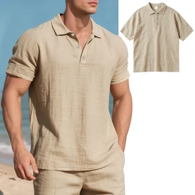 Men's Fashion Casual Summer Solid Color Linen Loose Breathable Short Sleeve Shirt
