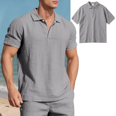 Men's Fashion Casual Summer Solid Color Linen Loose Breathable Short Sleeve Shirt