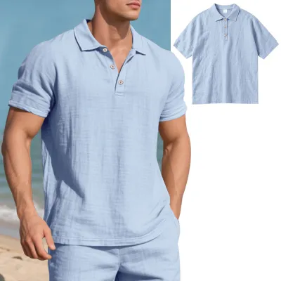 Men's Fashion Casual Summer Solid Color Linen Loose Breathable Short Sleeve Shirt