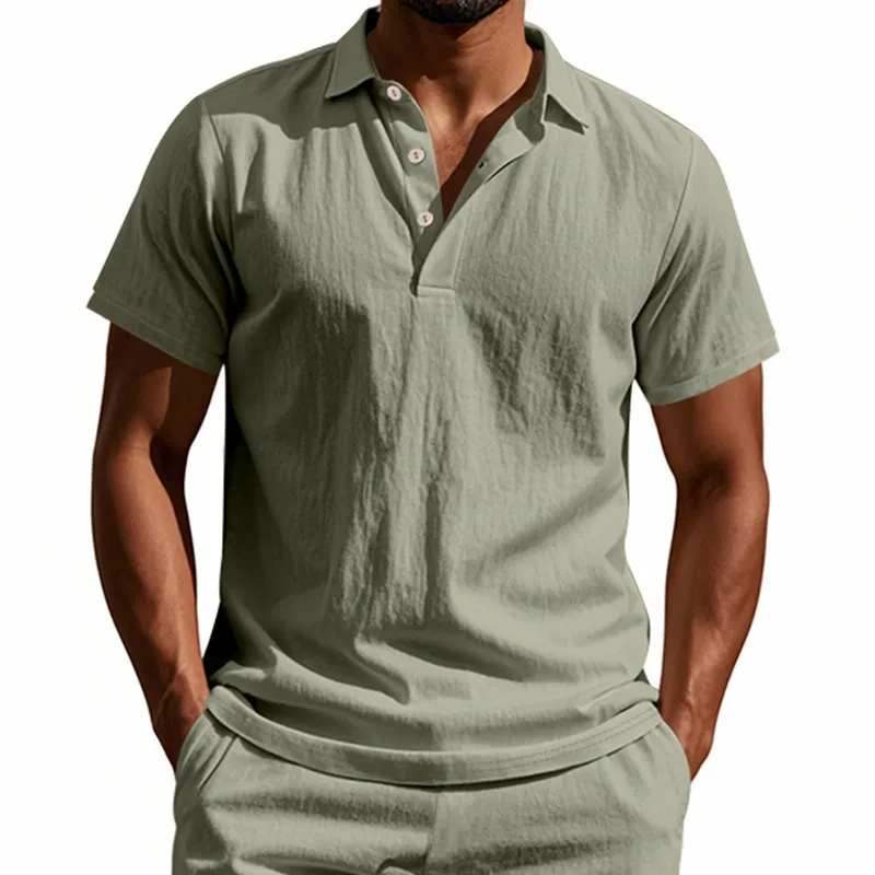 Men's Fashion Casual Summer Solid Color Linen Loose Breathable Short Sleeve Shirt