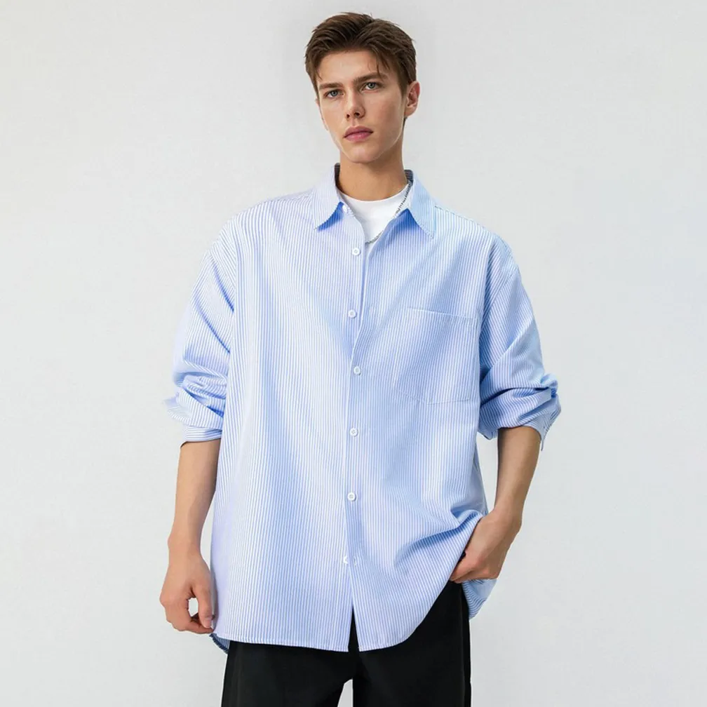 Men Fashion Casual Contrast Color Stripe Lapel Long Sleeve Shirt