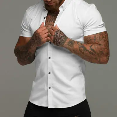 Men's Casual Solid Color Short-Sleeve Cardigan Loose Fit Shirt