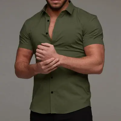 Men's Casual Solid Color Short-Sleeve Cardigan Loose Fit Shirt