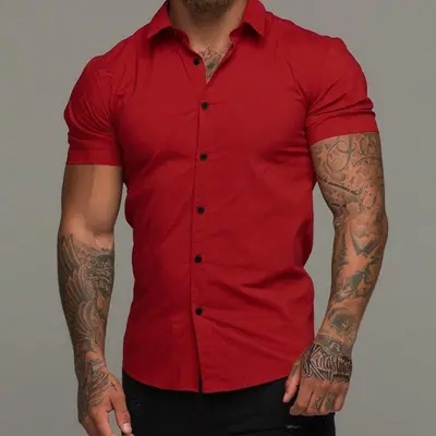 Men's Casual Solid Color Short-Sleeve Cardigan Loose Fit Shirt