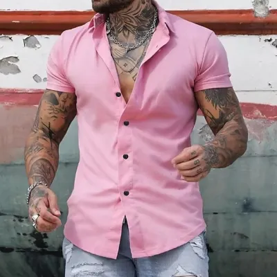 Men's Casual Solid Color Short-Sleeve Cardigan Loose Fit Shirt