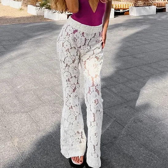 Women Fashion Sexy Solid Color Jacquard Flared Lace Floral Hollow-Out Pants
