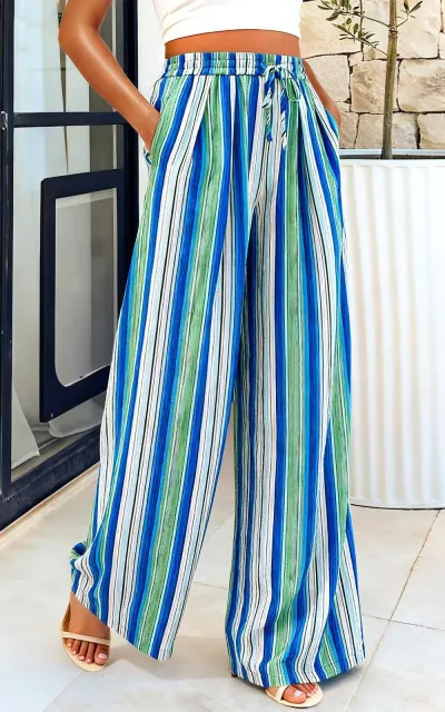Women Fashion Casual Summer Elastic Waist Stripe Printed Wide Leg Pants