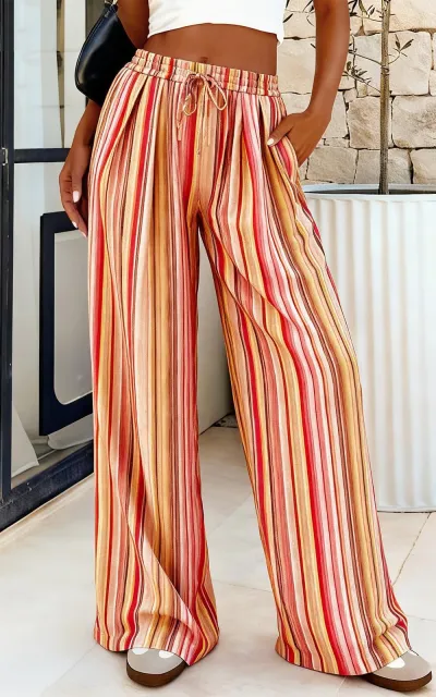 Women Fashion Casual Summer Elastic Waist Stripe Printed Wide Leg Pants