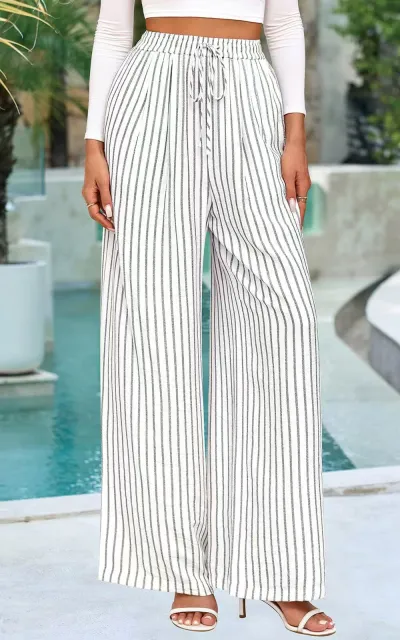 Women Fashion Casual Summer Elastic Waist Stripe Printed Wide Leg Pants