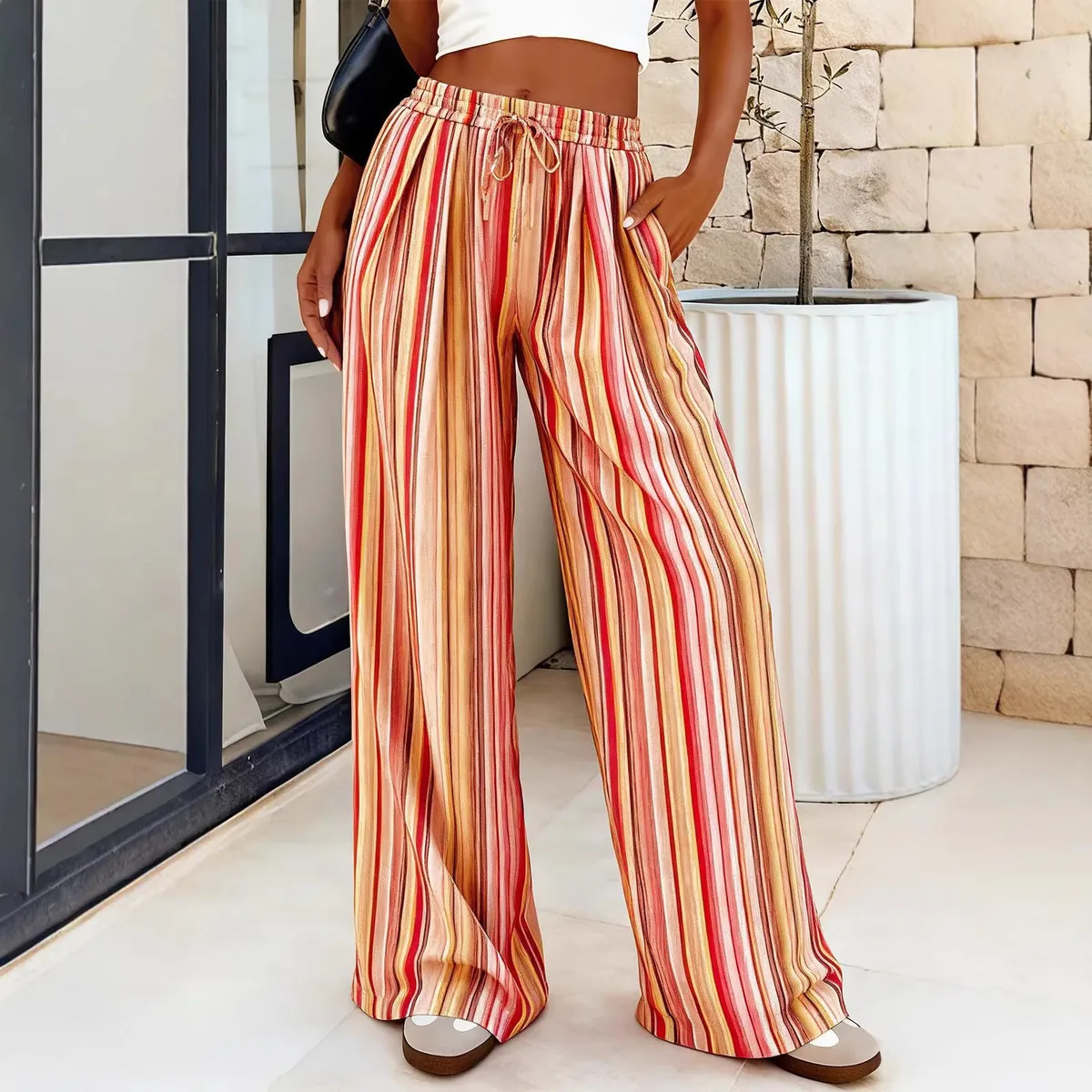 Women Fashion Casual Summer Elastic Waist Stripe Printed Wide Leg Pants