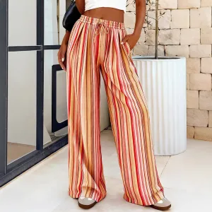 Women Fashion Casual Summer Elastic Waist Stripe Printed Wide Leg Pants
