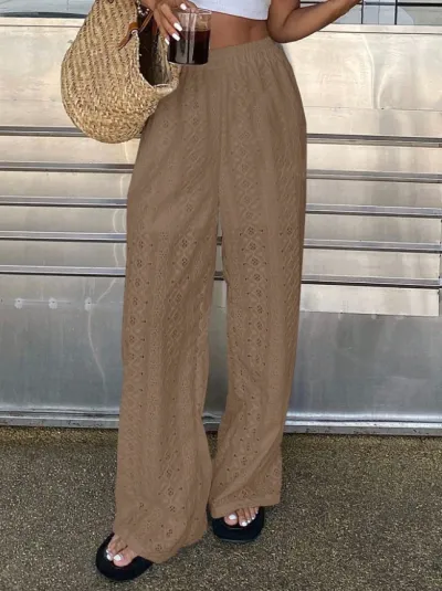 Women Fashion Casual Summer Solid Color Hollow-Out Embroidery Loose Pants