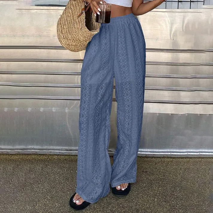 Women Fashion Casual Summer Solid Color Hollow-Out Embroidery Loose Pants