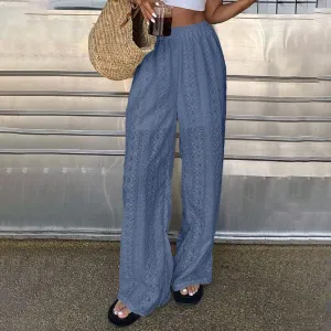 Women Fashion Casual Summer Solid Color Hollow-Out Embroidery Loose Pants