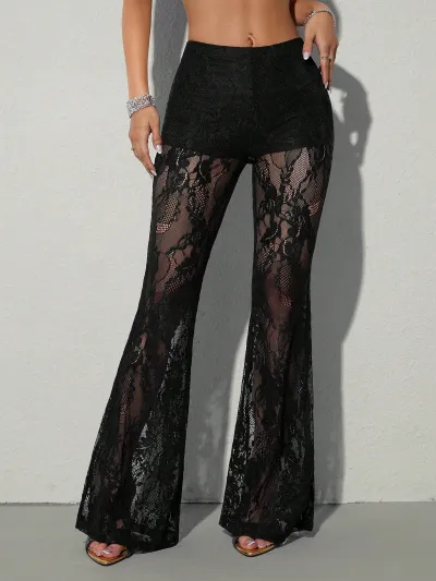 Women Fashion Sexy Solid Color Lace Perspective Flared Pants