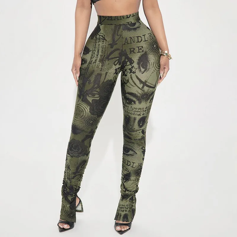 Women Fashion Casual Spring And Summer Pattern Printed High Waist Stretch Pants