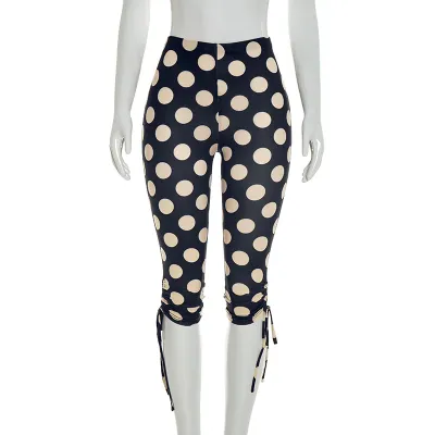 Women Fashion Casual Spring And Summer Polka Dot Print High Waist Elastic Drawstring Pants