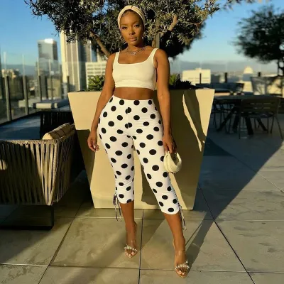 Women Fashion Casual Spring And Summer Polka Dot Print High Waist Elastic Drawstring Pants