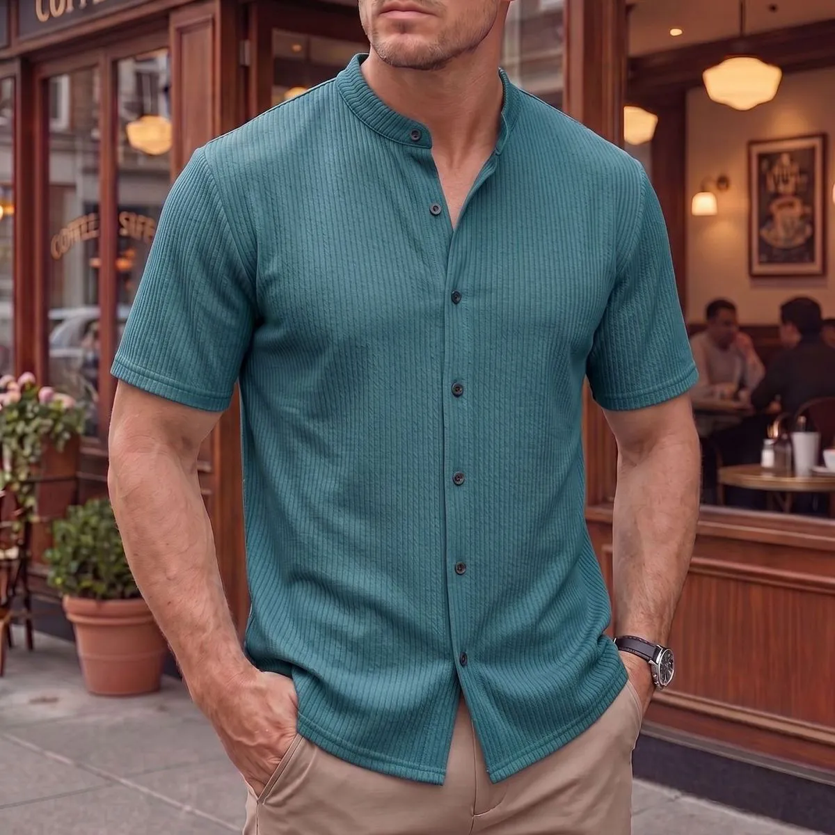 Men Fashion Casual Summer Solid Color Multi-Button Short-Sleeve Shirt