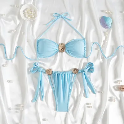 Women Fashion Sexy Solid Color Metal Shell Decoration Lace-Up Bikini Swimsuit