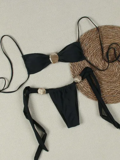 Women Fashion Sexy Solid Color Metal Shell Decoration Lace-Up Bikini Swimsuit