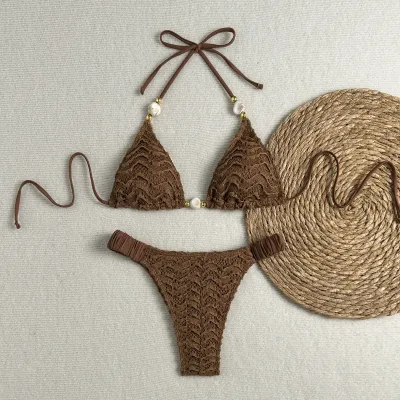 Women Fashion Sexy Solid Color Bead Decoration Texture Lace-Up Bikini Swimsuit