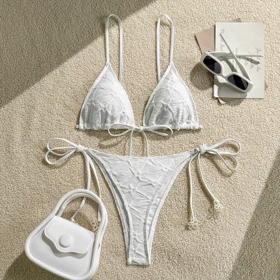 Women Fashion Sexy Solid Color Halter-Neck Lace-Up Bikini Swimsuit