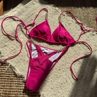 Women Fashion Sexy Solid Color Bead Decoration Halter-Neck Bikini Swimsuit