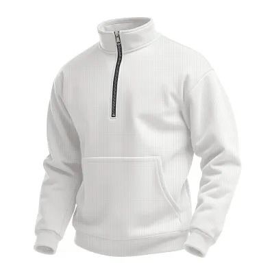 Men's Casual Autumn Solid Color Waffle High Collar Half Zip Long Sleeve Pocket Fleece-Lined Sweatshirt