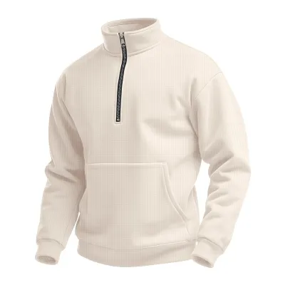 Men's Casual Autumn Solid Color Waffle High Collar Half Zip Long Sleeve Pocket Fleece-Lined Sweatshirt