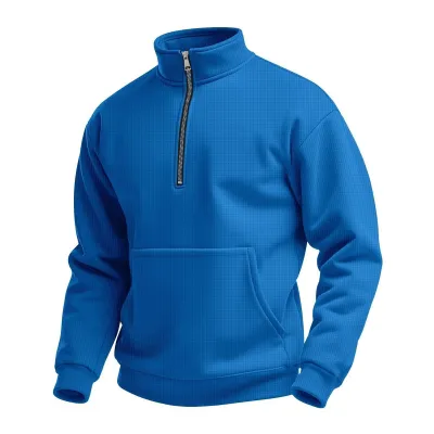 Men's Casual Autumn Solid Color Waffle High Collar Half Zip Long Sleeve Pocket Fleece-Lined Sweatshirt