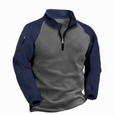 MenS Fashion Casual Warm Color-Matching Stand Collar Long-Sleeve Zipper Sweatshirt