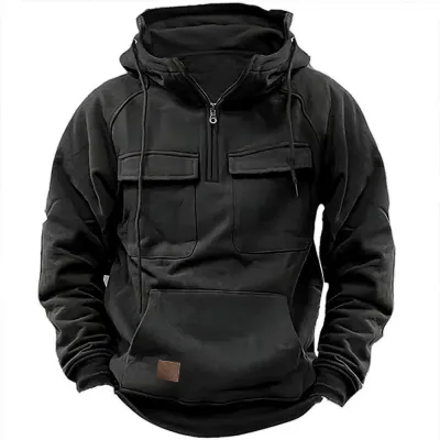 Men's Casual Solid Color Multi-Pocket Long Sleeve Hoodie Spring Autumn Winter