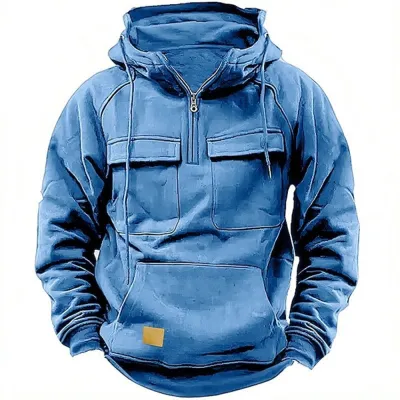 Men's Casual Solid Color Multi-Pocket Long Sleeve Hoodie Spring Autumn Winter