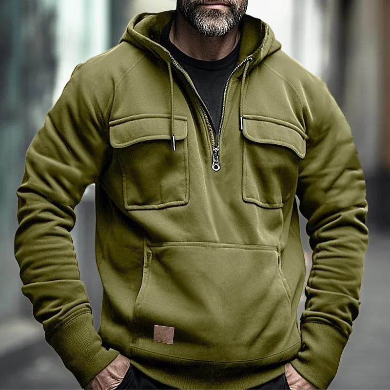 Men's Casual Solid Color Multi-Pocket Long Sleeve Hoodie Spring Autumn Winter
