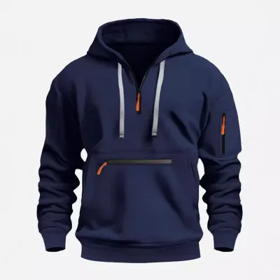 Men Casual Sporty Fleece-Lined Multi-Pocket Long-Sleeve Hoodies Turn-Down Collar