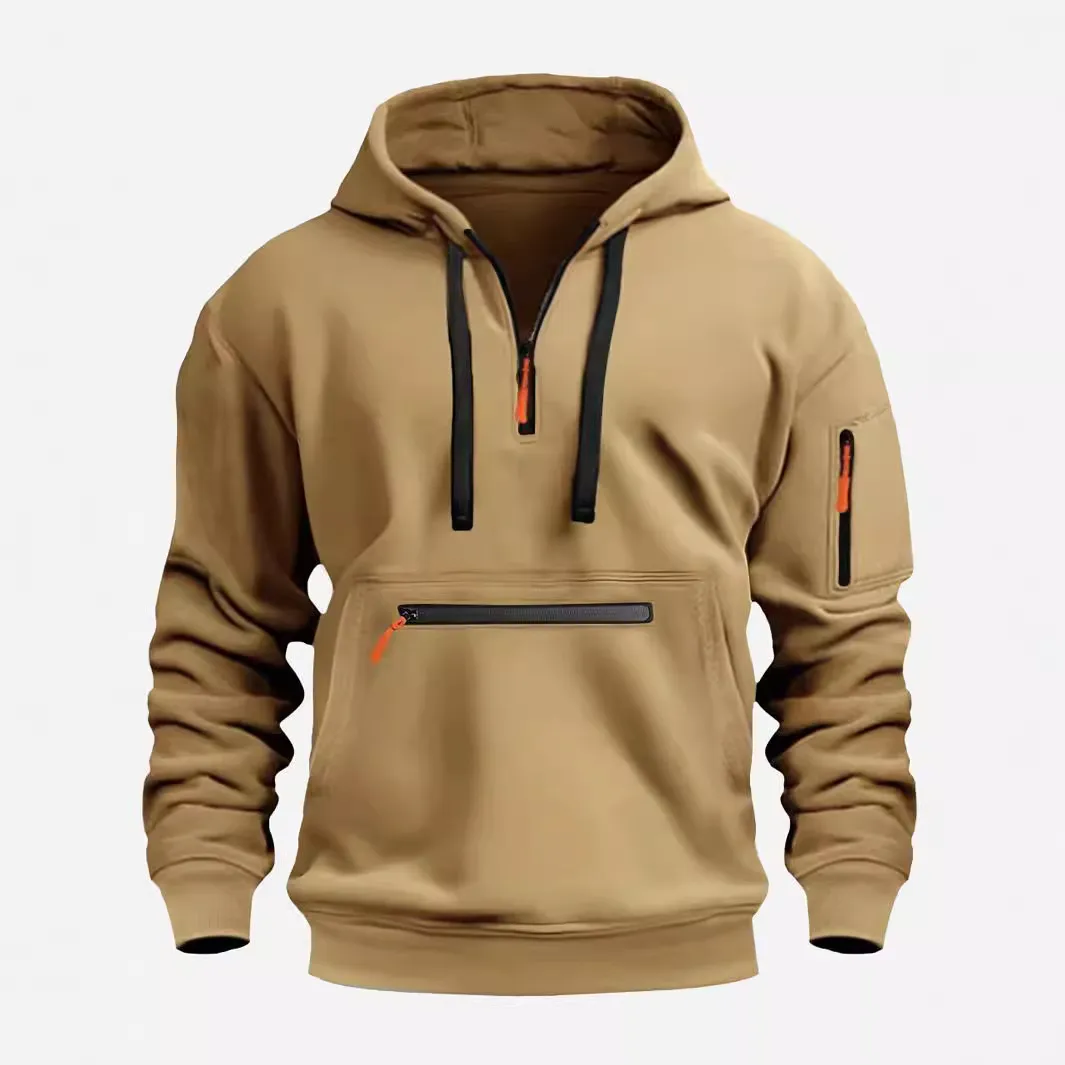 Men Casual Sporty Fleece-Lined Multi-Pocket Long-Sleeve Hoodies Turn-Down Collar
