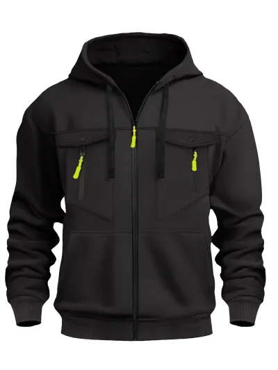 Men Fashion Casual Autumn Winter Long-Sleeve Multi-Pocket Hoodie Fleece-Lined
