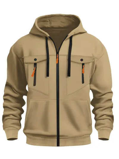 Men Fashion Casual Autumn Winter Long-Sleeve Multi-Pocket Hoodie Fleece-Lined